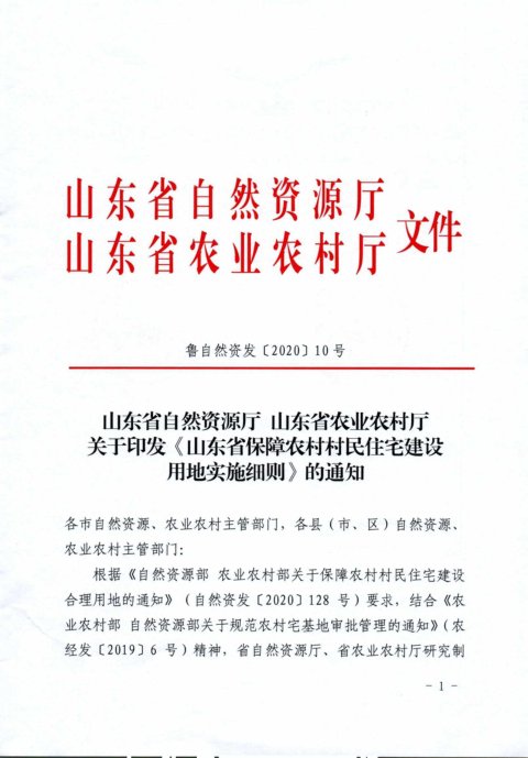 山东省自然资源厅 山东省农业农村厅《保障农村村民住宅建设用地实施细则》鲁自然资发〔2020〕10号