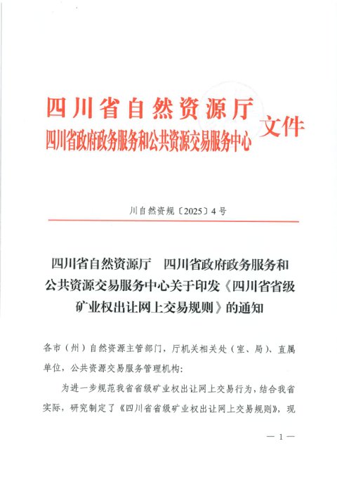 四川省自然资源厅《省级矿业权出让网上交易规则》川自然资规〔2025〕4号