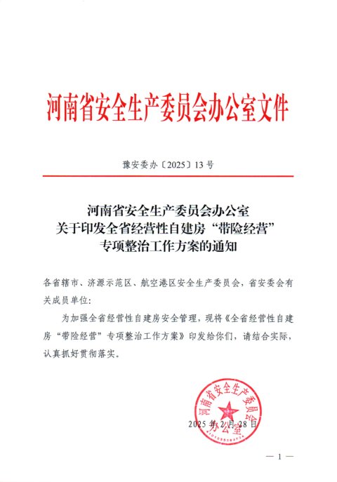 河南省安委会《全省经营性自建房“带险经营”专项整治工作方案》豫安委办〔2025〕13号