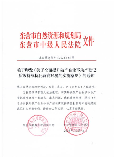 东营市自然资源和规划局 中级人民法院《关于全面提升破产企业不动产登记质效持续优化营商环境的实施意见》东自然资规字〔2024〕85号
