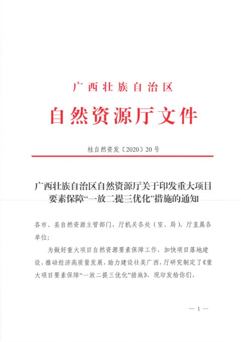 广西壮族自治区自然资源厅《重大项目要素保障“一放二提三优化”措施》桂自然资发〔2020〕20号