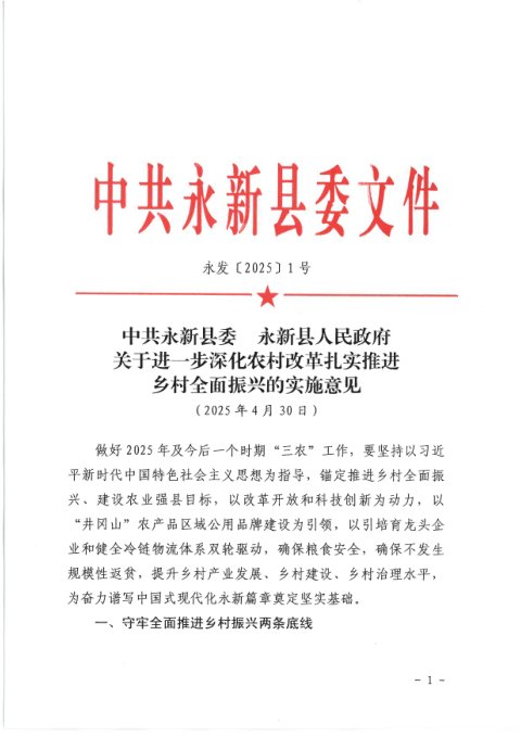 中共永新县委 永新县人民政府《关于进一步深化农村改革扎实推进乡村全面振兴的实施意见》永发〔2025〕1号