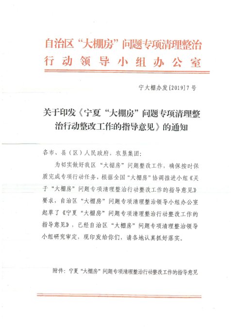 宁夏“大棚房”问题专项清理整治行动整改工作的指导意见