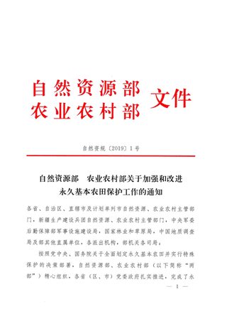 自然资源部 农业农村部《关于加强和改进永久基本农田保护工作的通知》自然资规〔2019〕1号