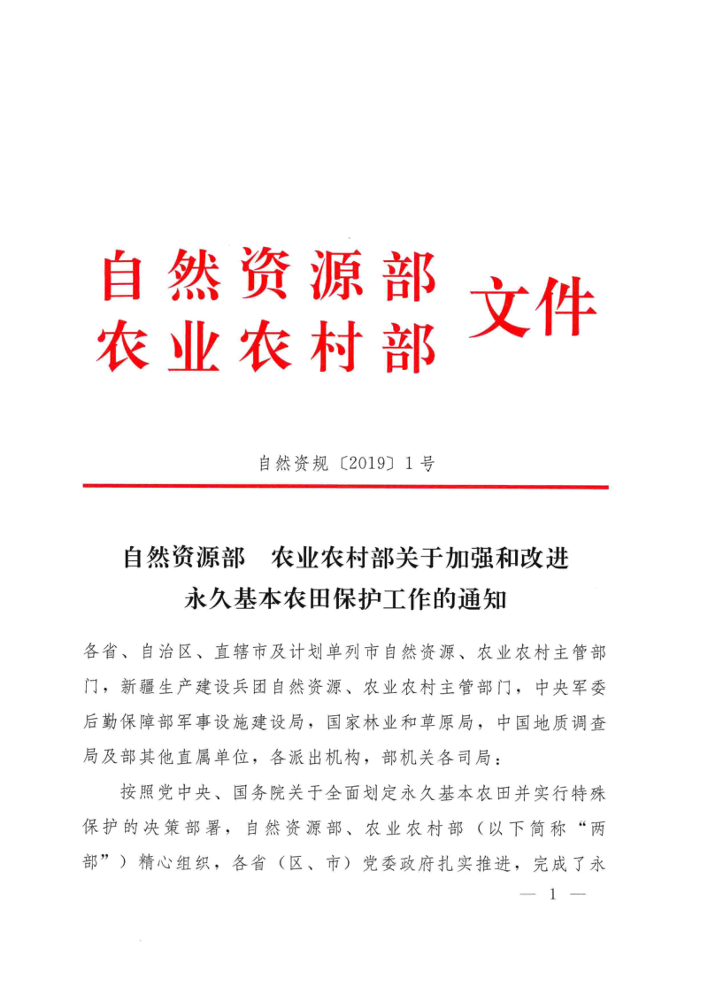 自然资源部 农业农村部《关于加强和改进永久基本农田保护工作的通知》自然资规〔2019〕1号