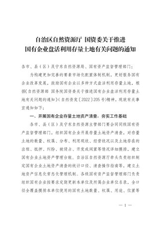 宁夏自治区自然资源厅 国资委《关于推进国有企业盘活利用存量土地有关问题的通知》宁自然资发〔2023〕48号