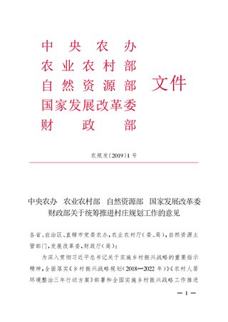 中央农办 农业农村部 自然资源部 国家发展改革委 财政部《关于统筹推进村庄规划工作的意见》农规发〔2019〕1号