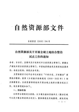 自然资源部《关于开展全域土地综合整治试点工作的通知》自然资发〔2019〕194号