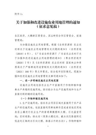 深圳市关于加强和改进设施农业用地管理的通知（征求意见稿）