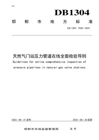 河北省邯郸市《天然气门站压力管道在线全面检验导则》DB1304/T 438-2023