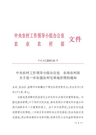 中央农村工作领导小组办公室农业农村部《关于进一步加强农村宅基地管理的通知》中农发〔2019〕11号