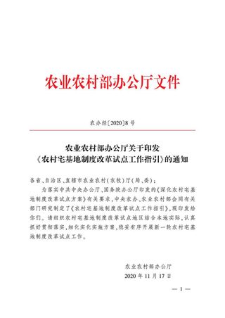 农业农村部办公厅《农村宅基地制度改革试点工作指引》农办经〔2020〕8号