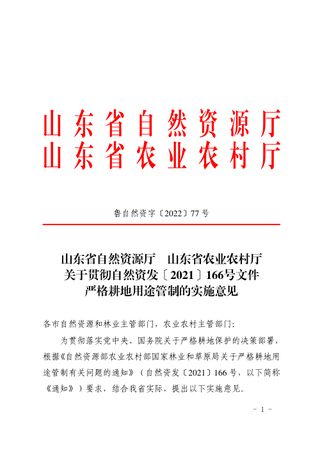 山东省自然资源厅《关于贯彻自然资发〔2021〕166号文件严格耕地用途管制的实施意见》鲁自然资字〔2022〕77号