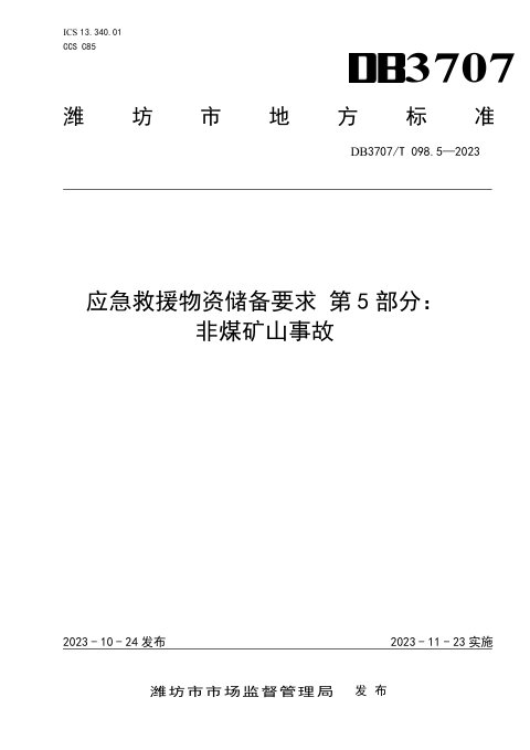 山东省潍坊市《应急救援物资储备要求 第5部分：非煤矿山事故》DB3707/T 098.5-2023