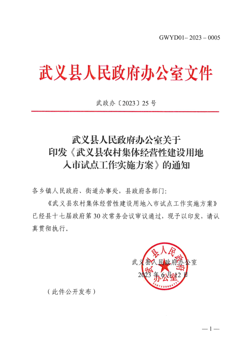 武义县深化农村集体经营性建设用地入市试点工作实施方案第1页