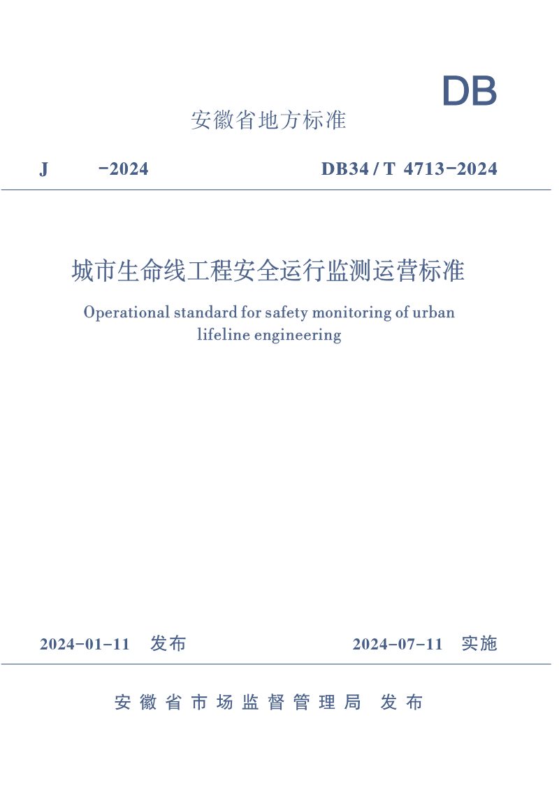 安徽省《城市生命线工程安全运行监测运营标准》DB34/T 4713-2024第1页