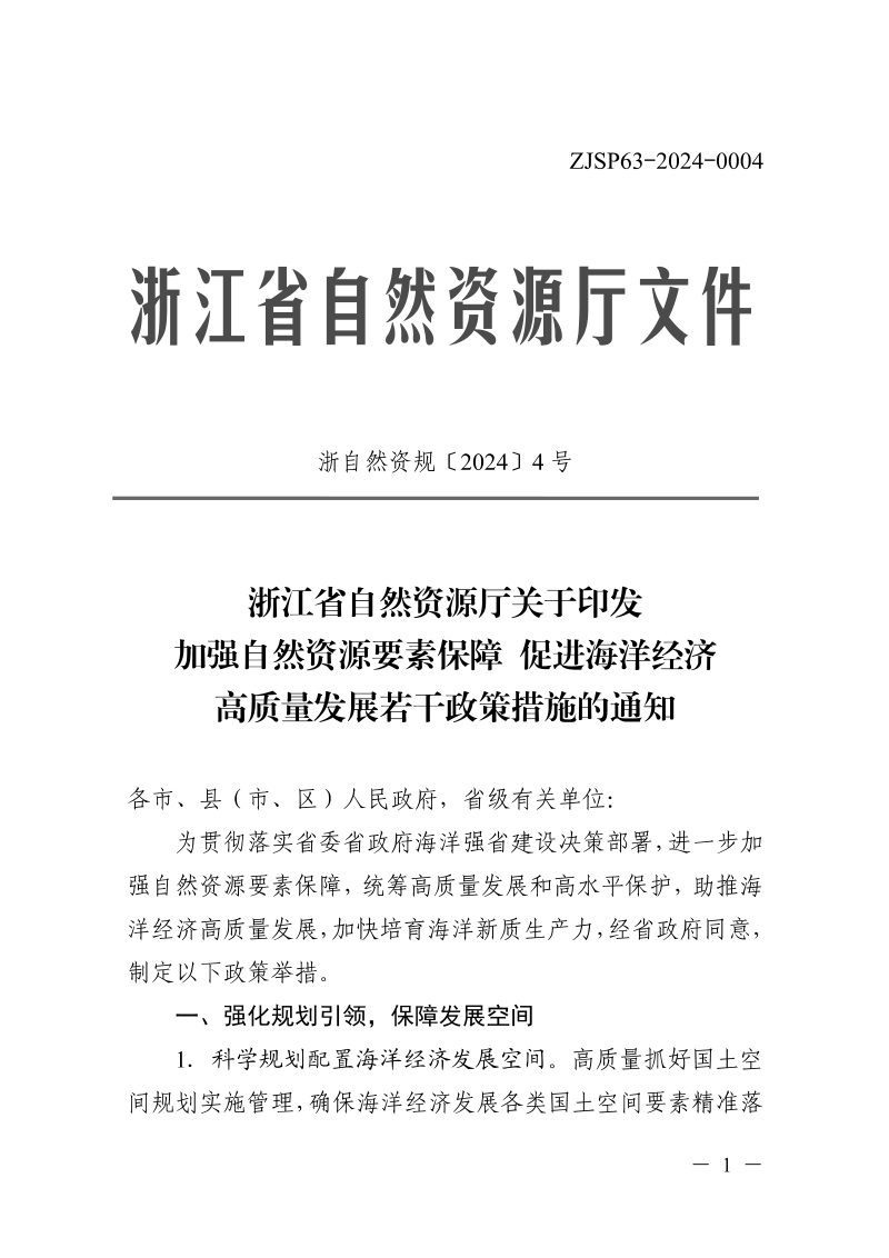 浙江省自然资源厅关于《印发加强自然资源要素保障促进海洋经济高质量发展若干政策措施的通知》浙自然资规〔2024〕4号第1页