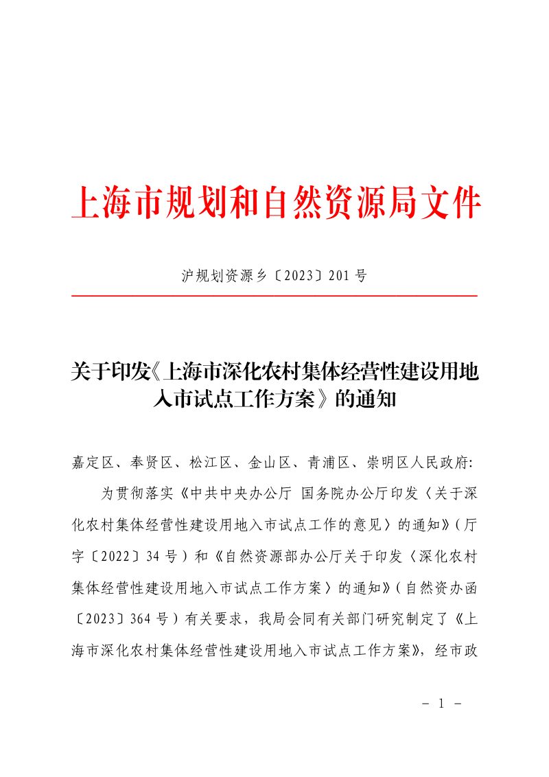 上海市规划和自然资源局《上海市深化农村集体经营性建设用地入市试点工作方案》沪规划资源乡〔2023〕201 号第1页