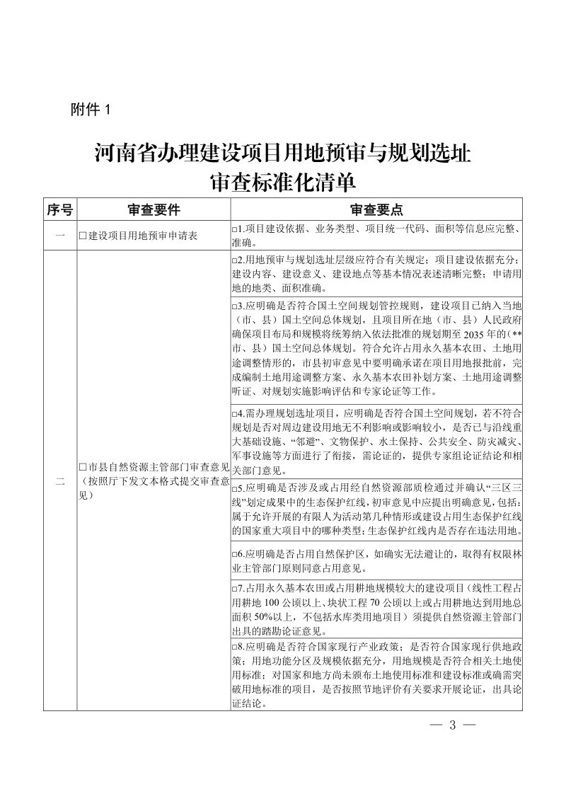 河南省自然资源厅办公室《建设项目用地预审与规划选址及建设用地报件审查标准化清单》豫自然资办发〔2023〕55 号第3页