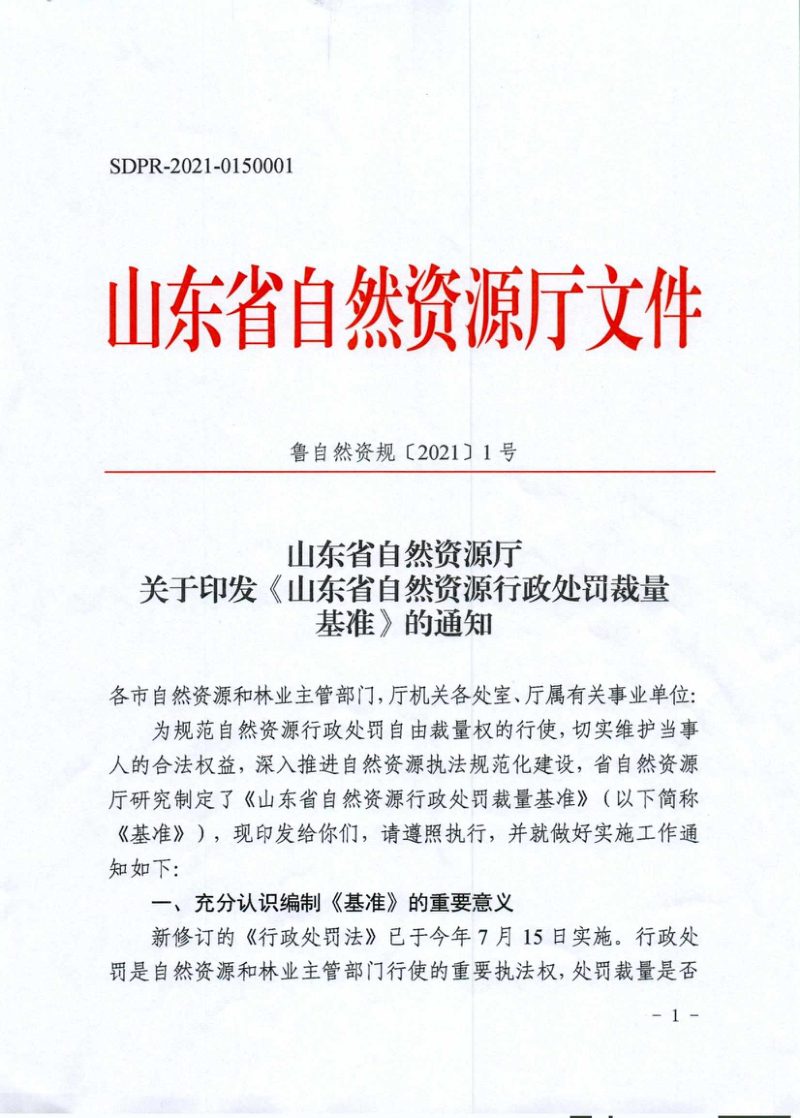 山东省自然资源《行政处罚裁量基准》鲁自然资规〔2021〕1 号第1页