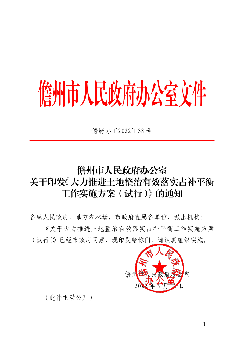 儋州市人民政府《大力推进土地整治有效落实占补平衡工作实施方案（试行）》儋府办〔2022〕38号第1页