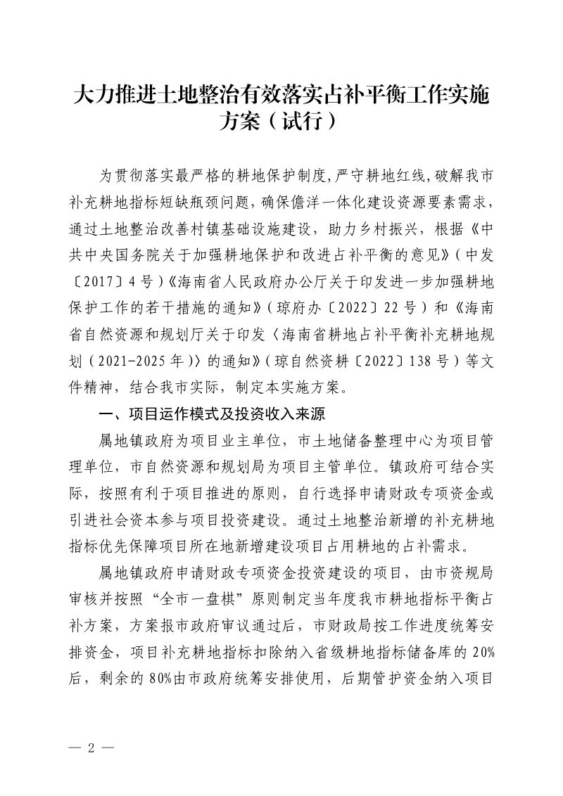 儋州市人民政府《大力推进土地整治有效落实占补平衡工作实施方案（试行）》儋府办〔2022〕38号第2页