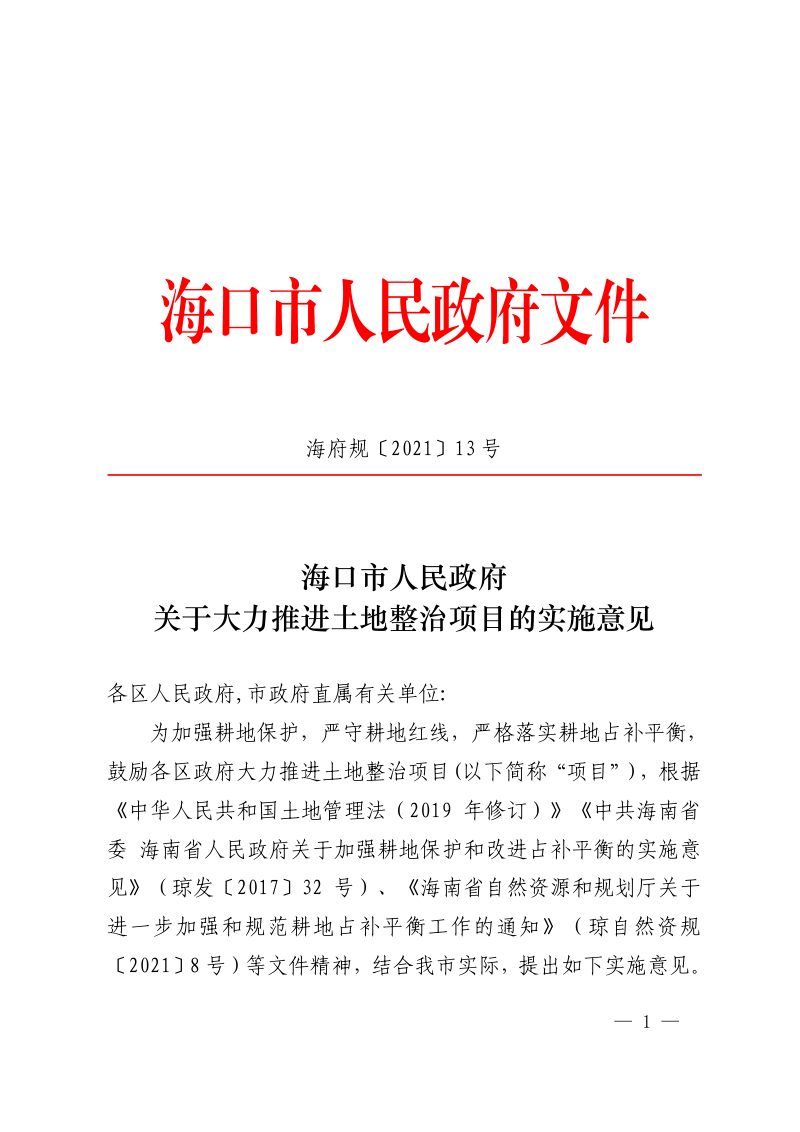 海口市人民政府《关于大力推进土地整治项目的实施意见》海府规〔2021〕13号第1页