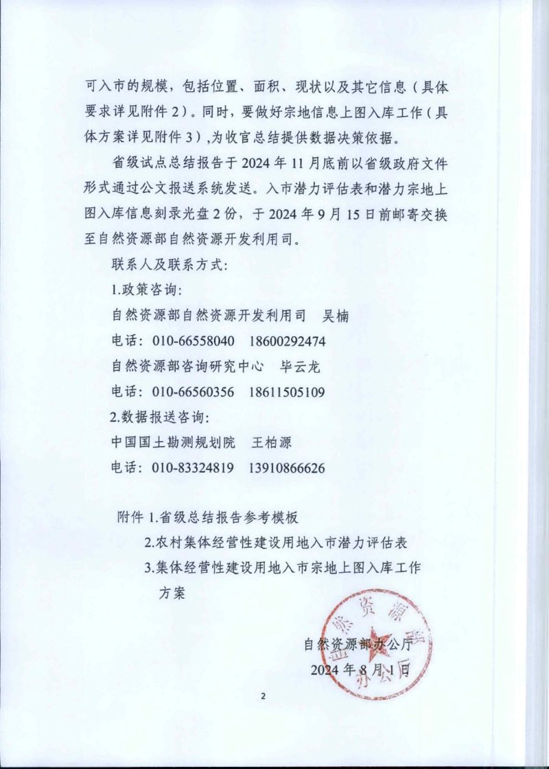 自然资源部办公厅《关于高质量做好农村集体经营性建设用地入市试点收官总结工作的通知》自然资办函〔2024〕1603号第2页