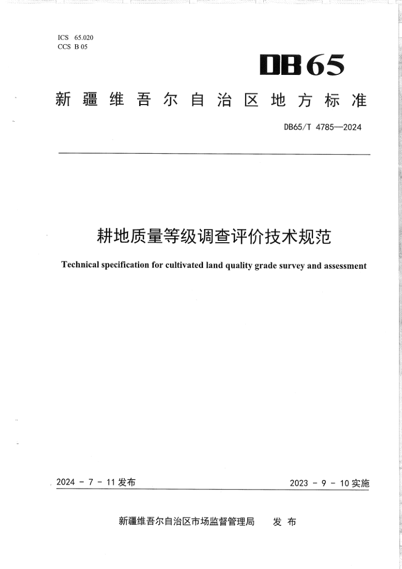 新疆维吾尔自治区《耕地质量等级调查评价技术规范》DB65/T 4785-2024第1页
