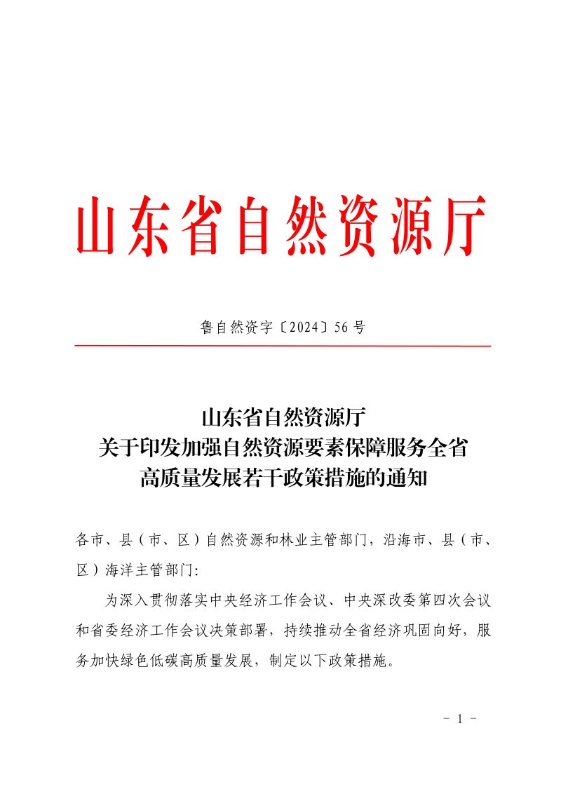 山东省自然资源厅《关于印发加强自然资源要素保障服务全省高质量发展若干政策措施的通知》鲁自然资字〔2024〕56号第1页
