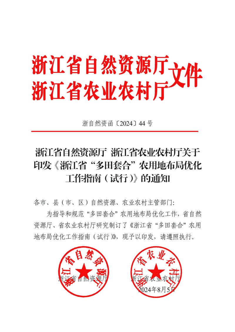 浙江省自然资源厅浙江省农业农村厅《浙江省“多田套合”农用地布局优化工作指南（试行）》浙自然资函〔2024〕44号第1页