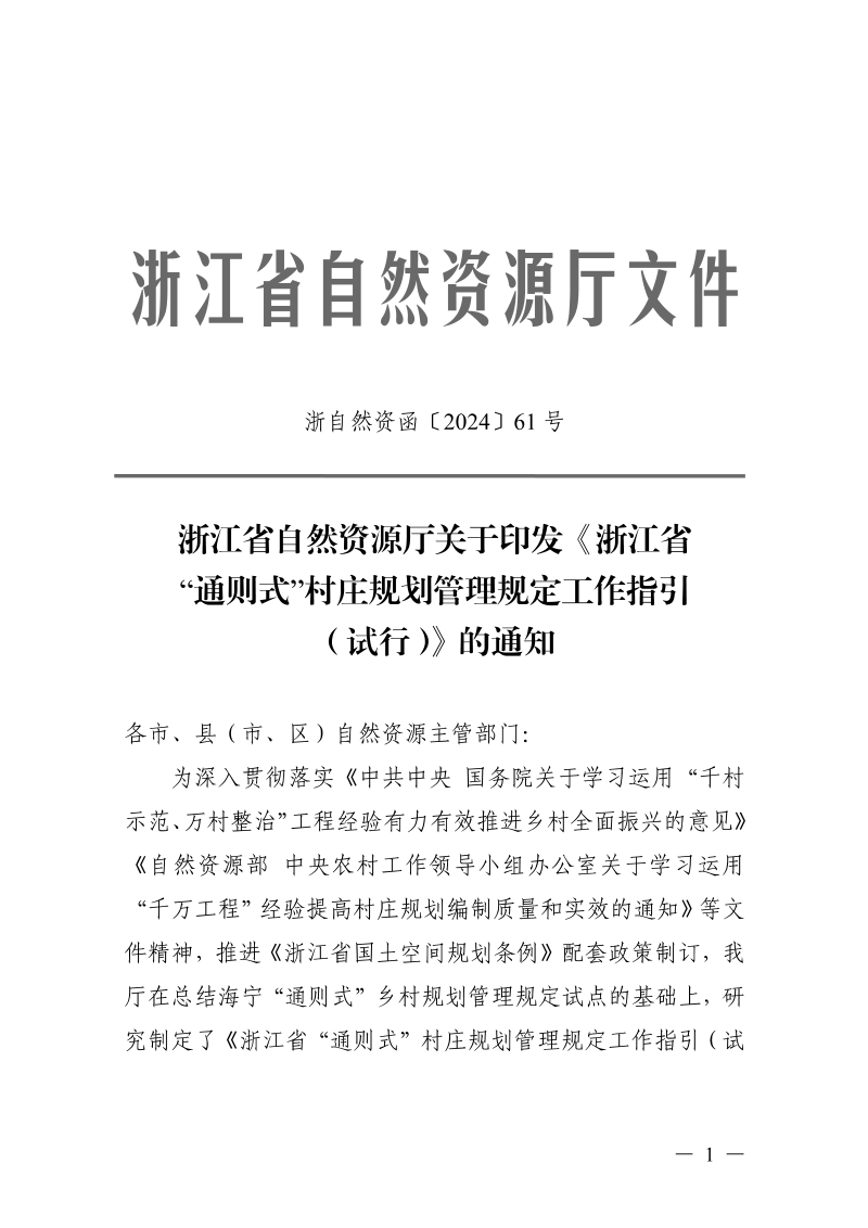 浙江省自然资源厅《“通则式”村庄规划管理规定工作指引（试行）》浙自然资函〔2024〕61号第1页