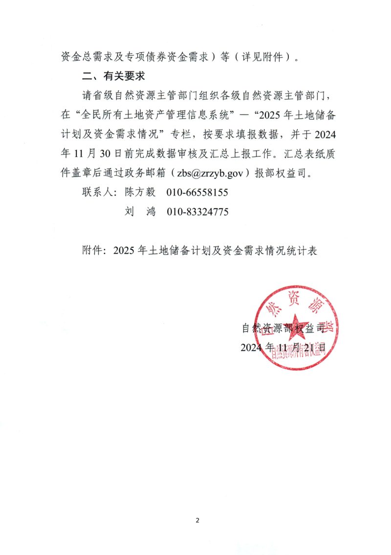 自然资源部权益司《关于开展2025年土地储备计划及资金需求情况统计工作的函》自然资权益函〔2024〕90号第2页