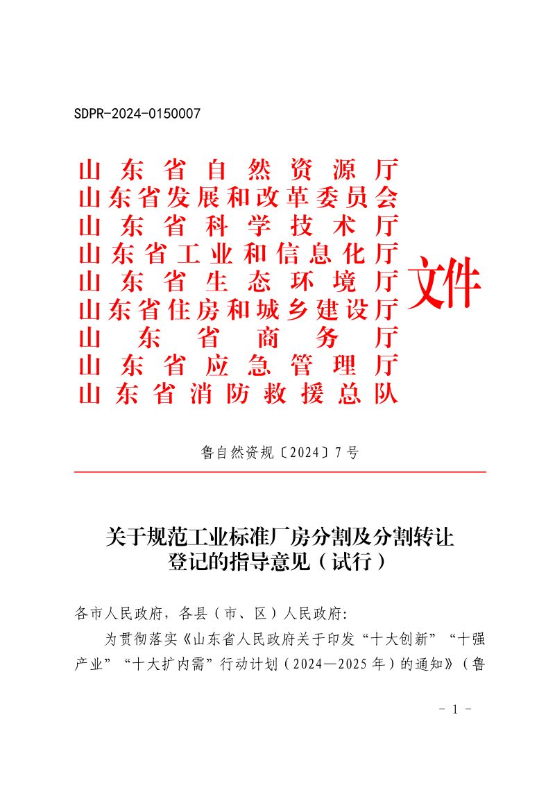 山东省自然资源厅《关于规范工业标准厂房分割及分割转让登记的指导意见（试行）》鲁自然资规〔2024〕7号第1页