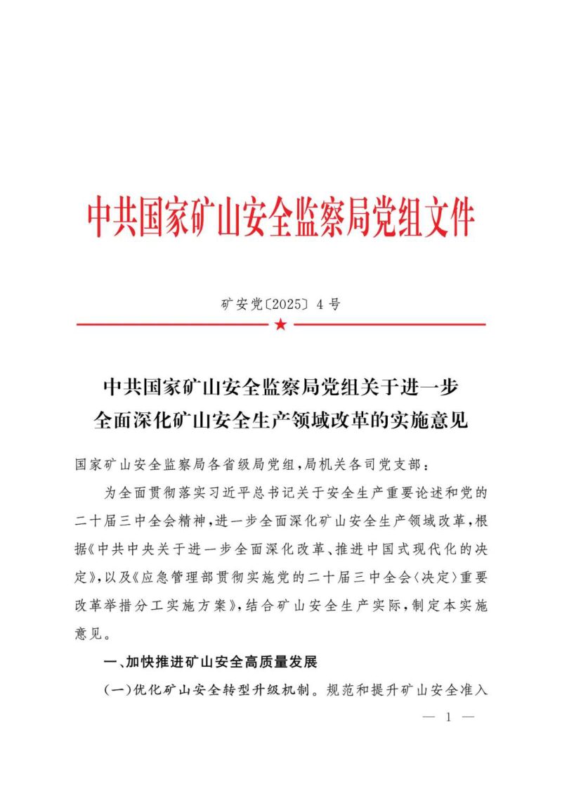国家矿山安全监察局党组《关于进一步全面深化矿山安全生产领域改革的实施意见》矿安党〔2025〕4号第1页