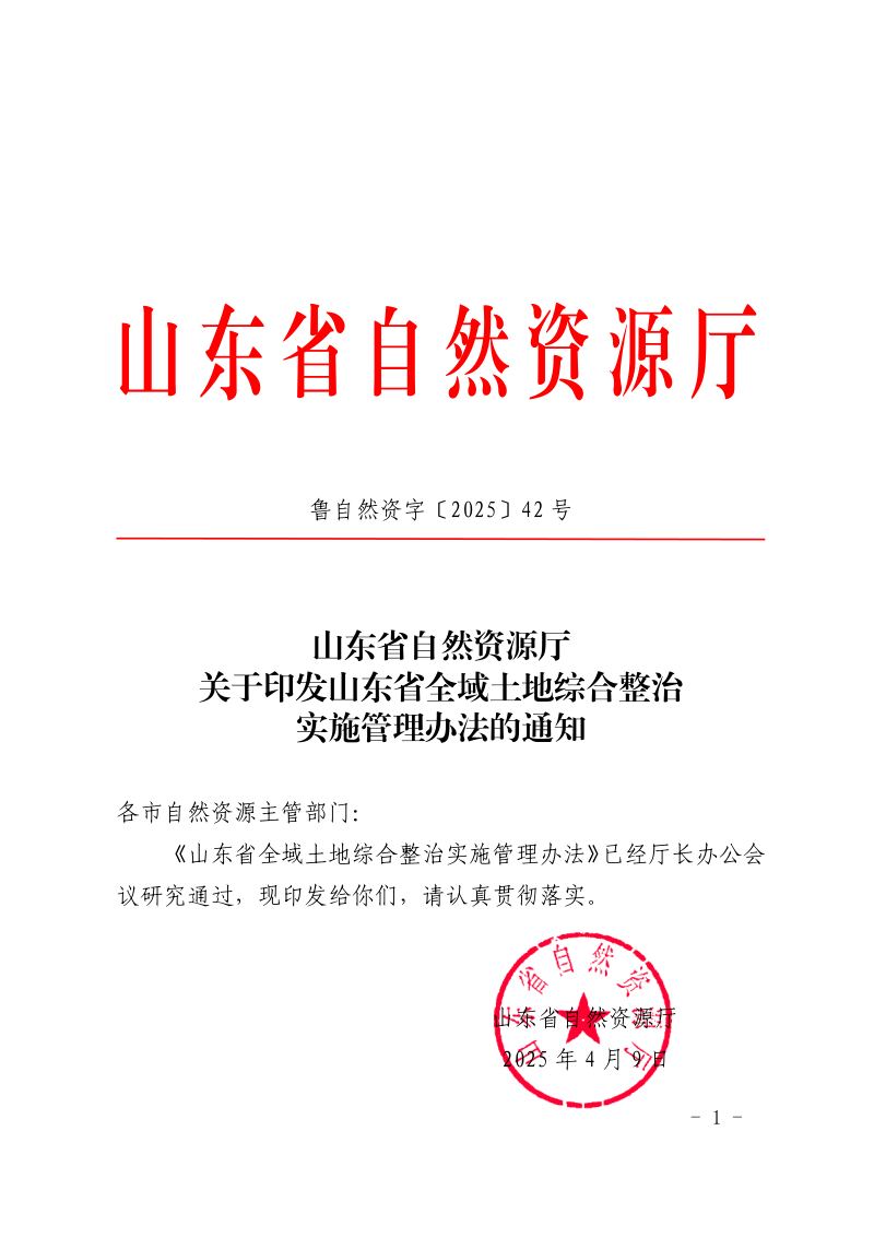山东省自然资源厅《山东省全域土地综合整治实施管理办法》鲁自然资字〔2025〕42号第1页
