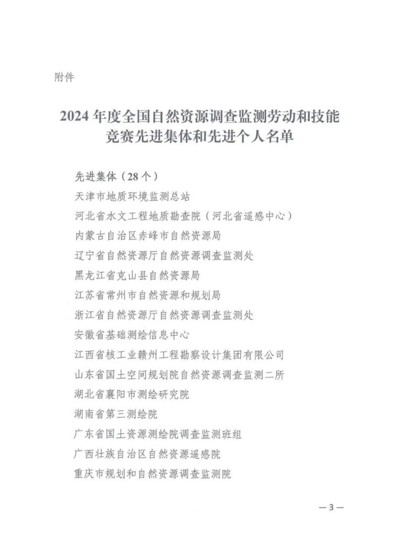 自然资源部《关于表扬2024年度全国自然资源调查监测劳动和技能竞赛先进集体和先进个人的通报》自然资人资发〔2025〕12号第3页