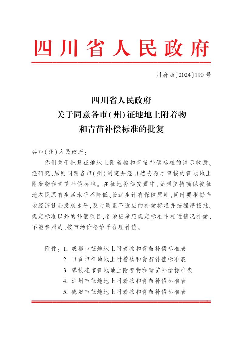 四川省人民政府《关于同意各市(州)征地地上附着物和青苗补偿标准的批复》川府函〔2024〕190号第1页