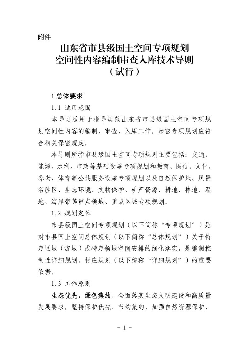 山东省《市县级国土空间专项规划空间性内容编制审查入库技术导则》（试行）第1页