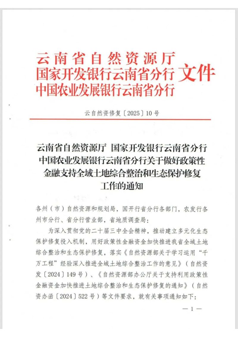云南省自然资源厅《关于做好政策性金融支持全域土地综合整治和生态保护修复工作的通知》云自然资修复〔2025〕10号第1页