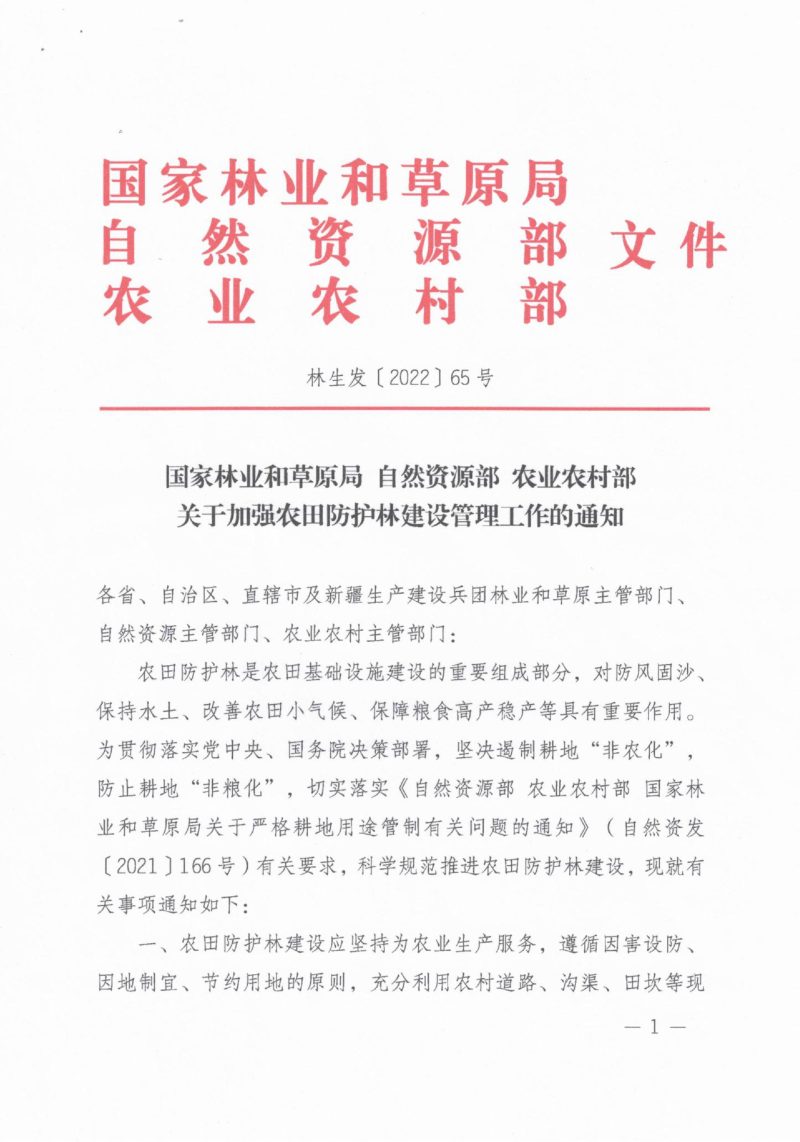 国家林业和草原局 自然资源部 农业农村部《关于加强农田防护林建设管理工作的通知》林生发〔2022〕65号第1页