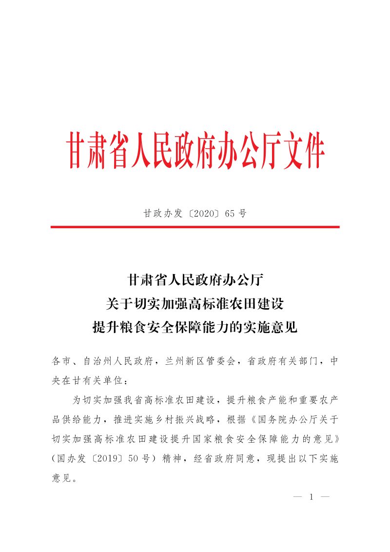 甘肃省人民政府办公厅《关于切实加强高标准农田建设提升粮食安全保障能力的实施意见》甘政办发〔2020〕65号第1页