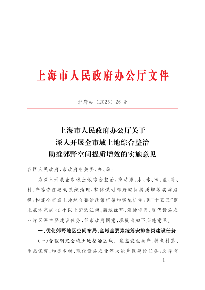 上海市人民政府办公厅《关于深入开展全市域土地综合整治 助推郊野空间提质增效的实施意见》沪府办〔2025〕26号第1页