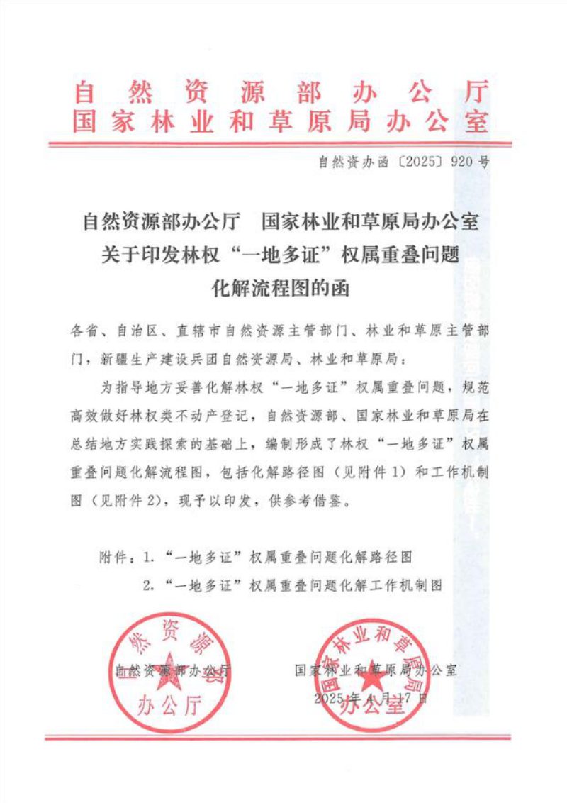 自然资源部办公厅《关于印发林权“一地多证”权属重叠问题化解流程图的函》自然资办函〔2025〕920号第1页