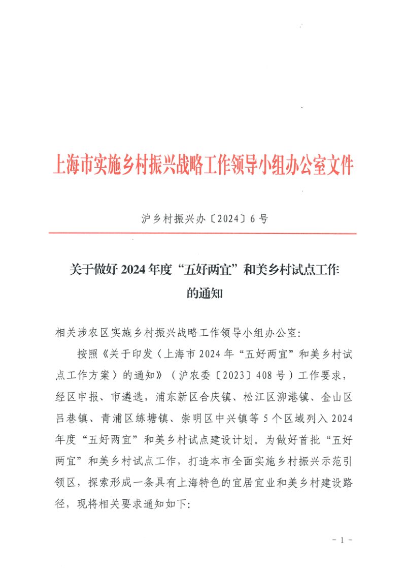 上海市农业农村委员会《关于做好2024年度“五好两宜”和美乡村试点工作的通知》沪乡村振兴办〔2024〕6号第1页