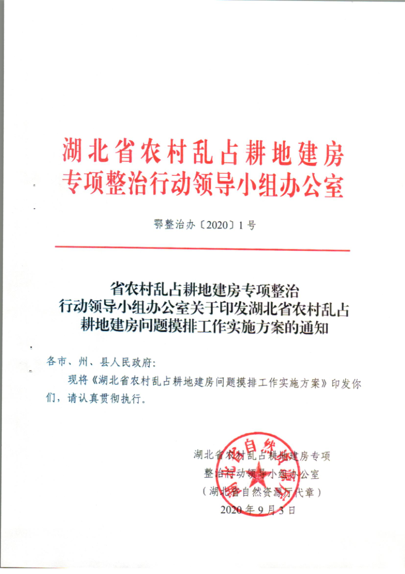 湖北省农村乱占耕地建房专项整治行动领导小组办公室《湖北省农村乱占耕地建房问题摸排工作实施方案》鄂整治办〔2020〕1号第1页