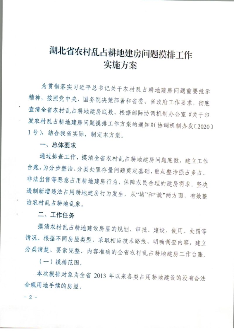 湖北省农村乱占耕地建房专项整治行动领导小组办公室《湖北省农村乱占耕地建房问题摸排工作实施方案》鄂整治办〔2020〕1号第2页
