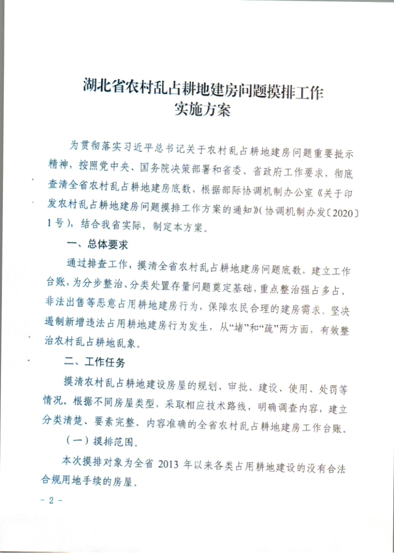 湖北省农村乱占耕地建房专项整治行动领导小组办公室《湖北省农村乱占耕地建房问题摸排工作实施方案》鄂整治办〔2020〕1号第2页