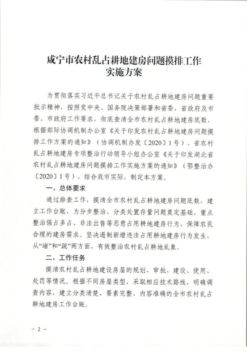 咸宁市农村乱占耕地建房专项整治行动领导小组办公室《咸宁市农村乱占 耕地建房问题摸排工作实施方案》咸整治办〔2020〕1号第2页
