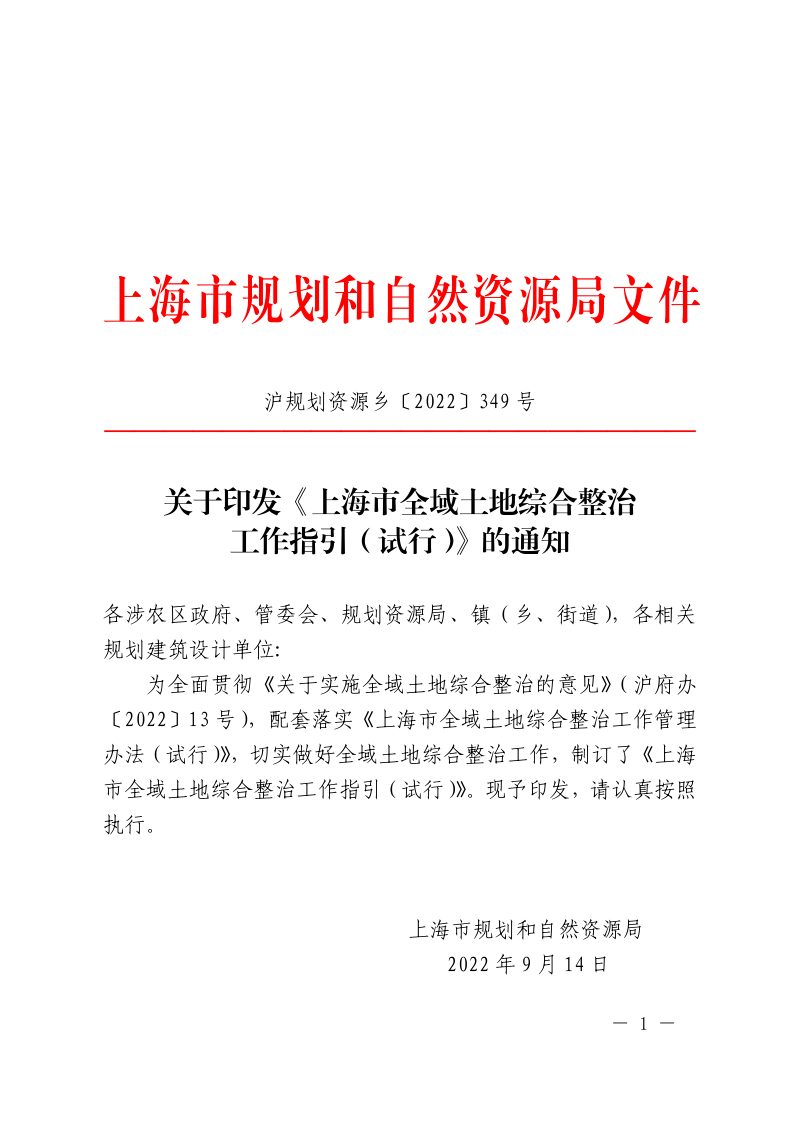 上海市全域土地综合整治工作指引（试行）第1页